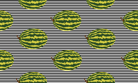 Seamless background with black and white stripes and watermelon with black shadow. Vector fruit design for pattern or template.のイラスト素材