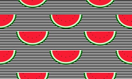 Seamless background with black and white stripes and watermelon slices. Vector fruit design for pattern or template.のイラスト素材