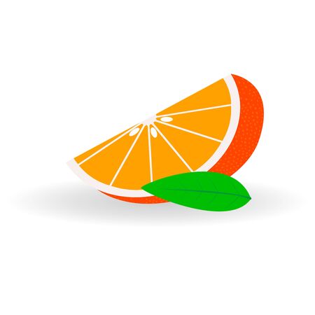 Vector realistic mandarin slice icon with shadow isolated on white background. Fresh and juicy slice mandarin with leaf.のイラスト素材