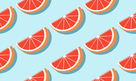 Seamless blue background with red grapefruit slices with shadow. Vector illustration design for greeting card or template.のイラスト素材
