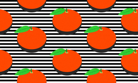 Seamless background with black stripes and mandarins and leaves with dark shadow. Vector...