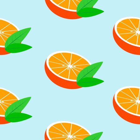 Seamless blue background with halves mandarins with leaves. Vector fruit design for pattern or template.のイラスト素材