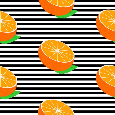 Seamless background with black stripes and halves mandarins with leaves. Vector fruit design for pattern or template.のイラスト素材