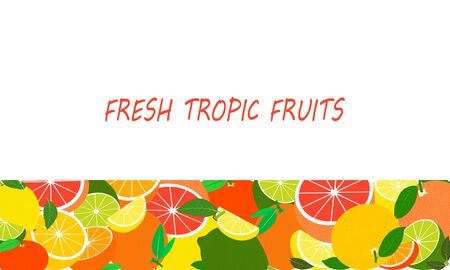 Vector fresh tropical fruits template suitable for banners, magazines, websites, restaurants and menus. Healthy eating with fruits for a healthy lifestyle.のイラスト素材