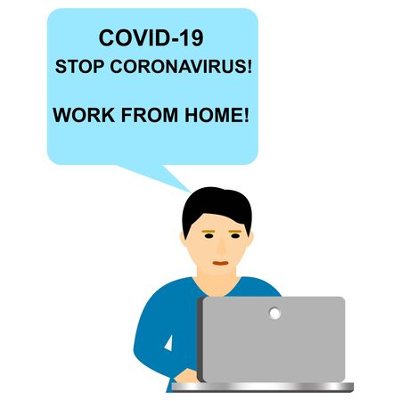 A man at his computer working from home. Coronavirus pandemic is a danger. Vector illustration of flat design.のイラスト素材