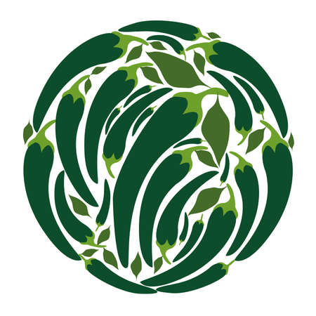 Hot green peppers in a circle. Vector flat design template. Background of food, gardening or horticulture.のイラスト素材