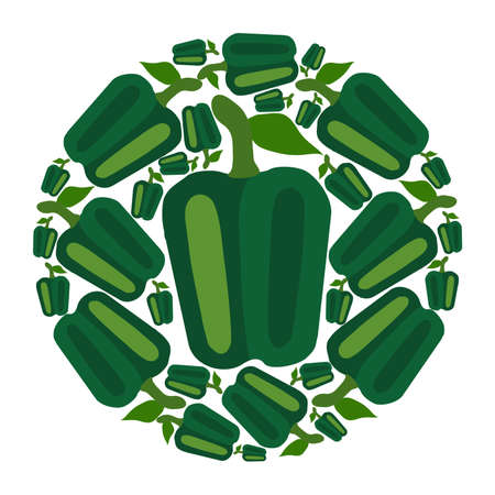 Green peppers in a circle.  Vector flat design template. Background of food, gardening or horticulture.のイラスト素材