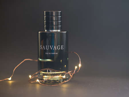SAUVAGE Parfum by Dior. Aftershave Perfume Fragrance for Men by French Fashion House Christian Dior on background. Usa, March 2020.のeditorial素材