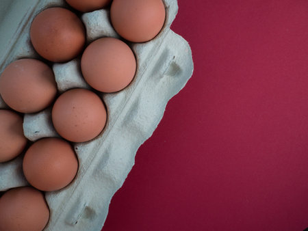 Overhead view of brown chicken eggs in an open egg carton isolated on dark red. Fresh chicken eggs background. Top view with copy space. Natural healthy food and organic farming concept. Eggs in boxの写真素材