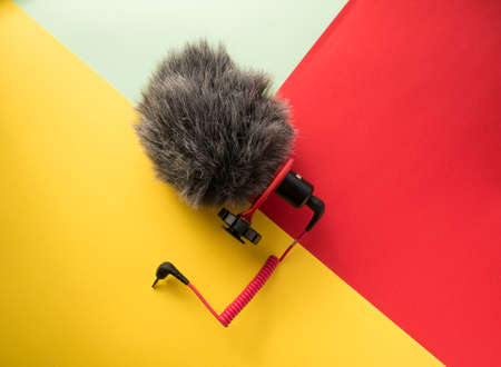 USA, March 2020. Rode VideoMicro Compact On-Camera Microphone on colored paper. Top view.のeditorial素材