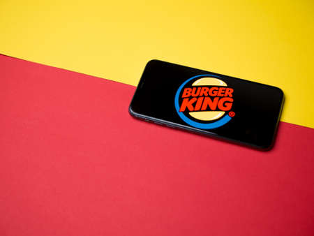USA - May, 2020; Burger King Iphone Screen on colored background. #FastFoodのeditorial素材