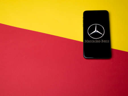 USA - May, 2020; Mercedes-Benz Iphone Application Screen on colored paper background. #Mercedes-Benzのeditorial素材