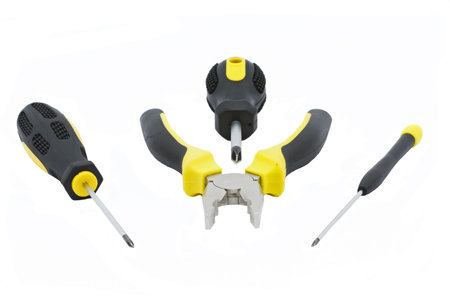 Close up view of different kind of tools on white background 