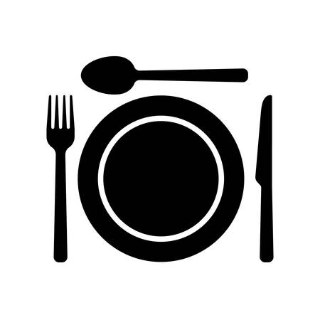 Dishware symbol icons. Fork, spoon knife and a plate icons. Meal symbol.のイラスト素材