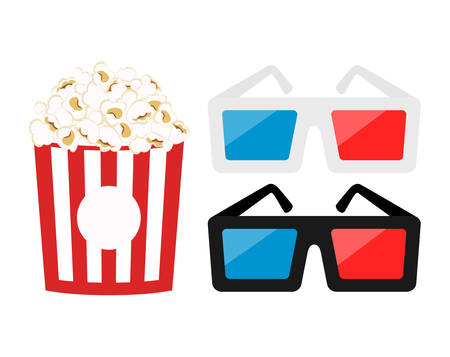 White and black 3d cinema glasses cartoon.  Popcorn in red paper box. Movie glasses and pop corn.のイラスト素材