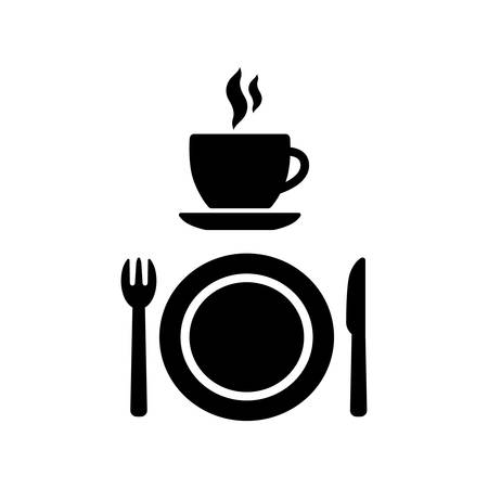 Cafeteria, cafe and diner vector signs. Coffee cup with smoke, a fork, a knife and a plate icon symbols. Restaurant and cafe icons.のイラスト素材