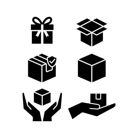 Delivery service boxes icons. Box, open and closed, gift box, handle with care icons for logistics and shipping services.のイラスト素材