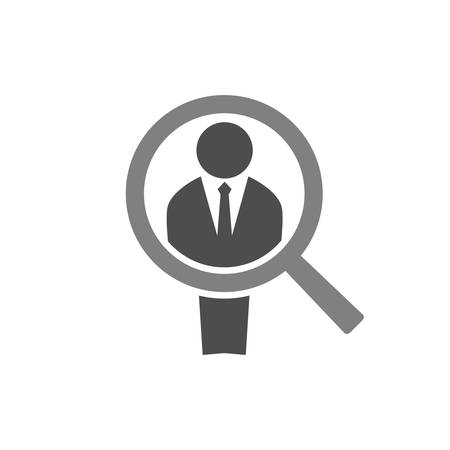 Businessman silhouette and a magnifier. Employee recruit concept icon. Man figure and magnifying glass icon. Employee recruitment.のイラスト素材
