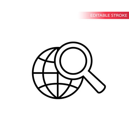 Web search concept icon. Globe and magnifying glass web icon. No fill, black stroke, fully editable.のイラスト素材