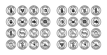 Food ingredients allergens black stamp label set. Allergens free, no allergent vector labels. Gluten free, dairy free, peanut free label stickers.のイラスト素材