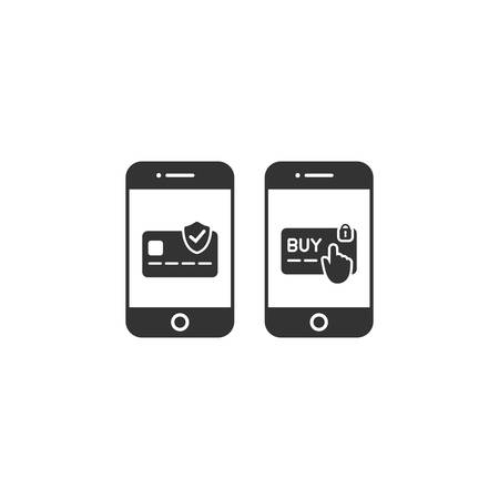 Smartphone with credit, debit card payment vector glyph icon. Smartphone online safe shopping and payment icons.のイラスト素材