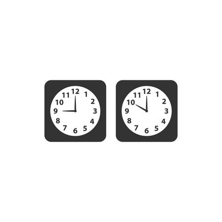 Alarm analog clock black square vector icon set. Clock with nine and ten o clock.のイラスト素材