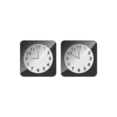 Alarm analog clock black square icon set. Clock with nine and ten o clock, black glossy vector.