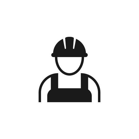 Worker with hardhat or helmet, construction builder black vector icon. Workman employee contractor symbol.のイラスト素材