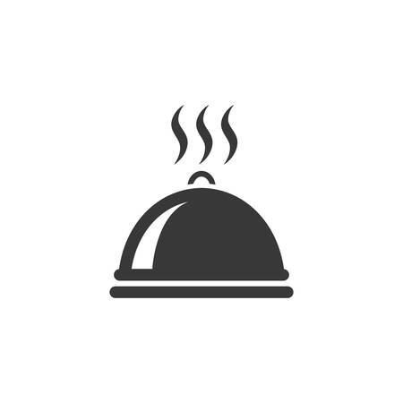 Dish cover or cap, tray server with steam, hot meal black isolated vector icon.のイラスト素材