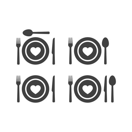 Fork, spoon and knife with plate and a heart. Love food black isolated vector icon.のイラスト素材