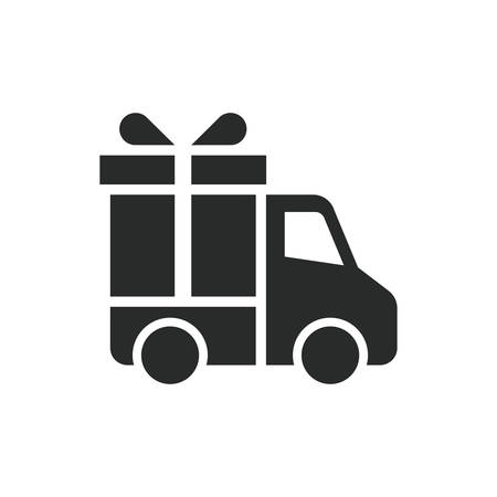 Delivery truck or lorry with gift box and ribbon black isolated vector icon.のイラスト素材