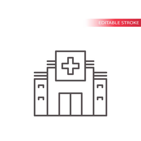 Hospital or clinic building with a cross simple thin line vector icon. Editable line or stroke.のイラスト素材