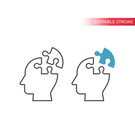 Human head with jigsaw puzzle piece, idea concept thin line vector icon. Outline, editable stroke.のイラスト素材