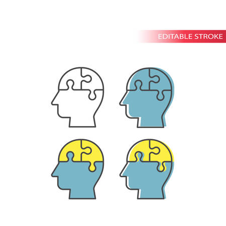 Human head with jigsaw puzzle brain, creative idea concept thin line vector icon. Outline, editable stroke.のイラスト素材