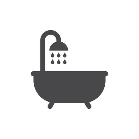 Bathtub with shower and water drops black vector icon. Bathroom, washroom symbol.のイラスト素材