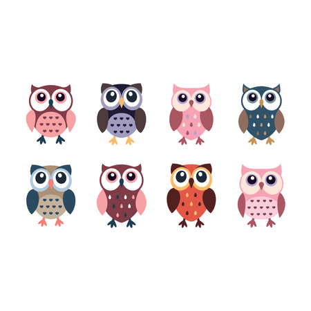 Cute owl colorful cartoon icons. Little owls or owlet character vector set.のイラスト素材