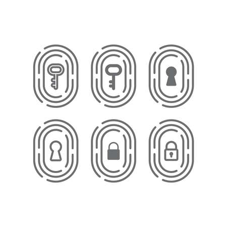 Fingerprint with key, keyhole and padlock icon. Safe and secure identification concept, biometric identity vector sign.のイラスト素材