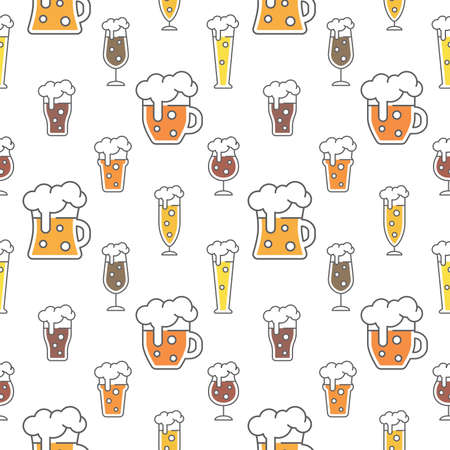 Beer types colorful seamless pattern design. Beer glasses for ale, weizen, pint and mug, cute vector pattern.のイラスト素材