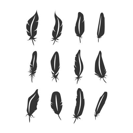 Bird feathers black silhouette icon set. Isolated vector feather collection.のイラスト素材