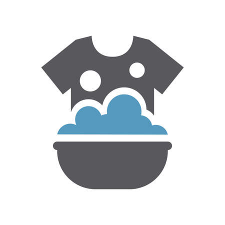 Clothes hand washing in a sink icon. T shirt in soap foam and bubbles in a basin simple vector laundry symbol.のイラスト素材