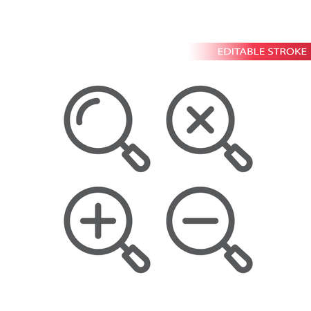 Magnifying glass, zoom thin line vector icon. Magnifier, plus and minus, simple vector symbol, outline, editable stroke.のイラスト素材