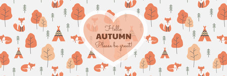 Hello autumn slogan banner, colorful pattern. Text lettering with foxes and trees background, autumn...
