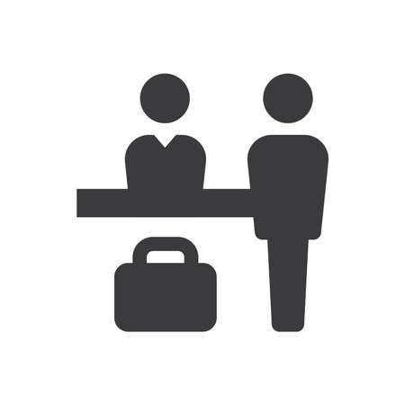 Hotel reception black vector icon. Receptionist desk and suitcase simple glyph symbol.のイラスト素材