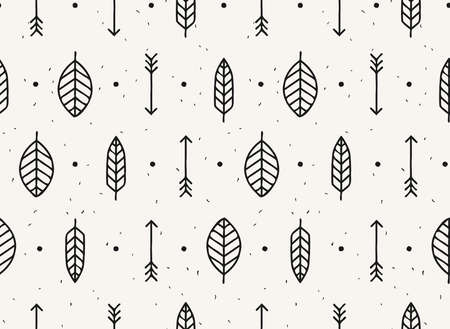 Leaf, arrow and feather vector seamless pattern. Geometric design pattern with leaves, nature style in black and white.のイラスト素材