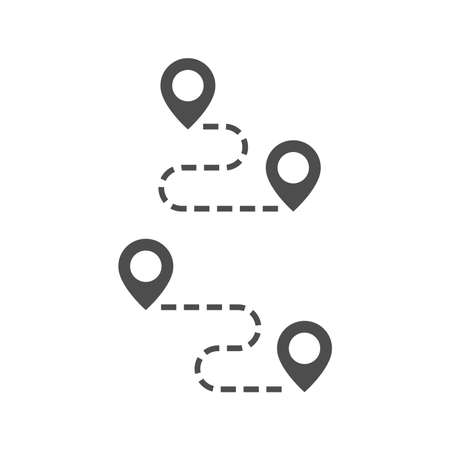 Road map black vector icon. Location pin with dashed route line glyph symbol.のイラスト素材