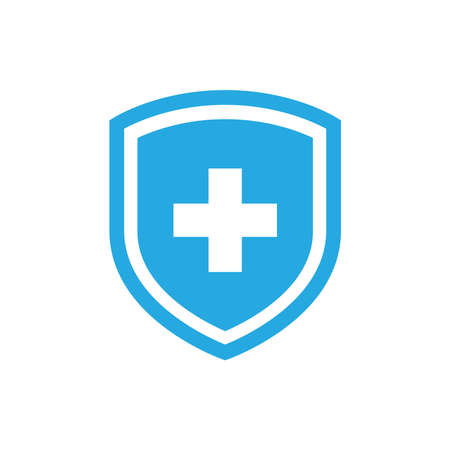 Shield with medical cross sign vector icon. Blue hospital or medicine symbol.のイラスト素材