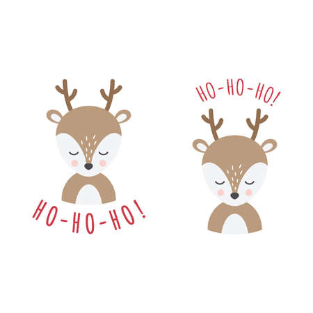 Christmas t-shirt design with reindeer cartoon. Deer cute cartoon character with ho ho ho text for t shirt or Christmas card.のイラスト素材