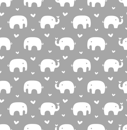 Elephants and hearts seamless pattern design. Heart and elephant print for kids and baby fabric or paper in white and grey.のイラスト素材