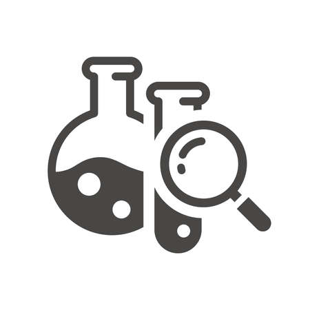 Chemistry test tubes with magnifying glass icon. Laboratory flask, tube and loupe, research, science vector symbol.のイラスト素材