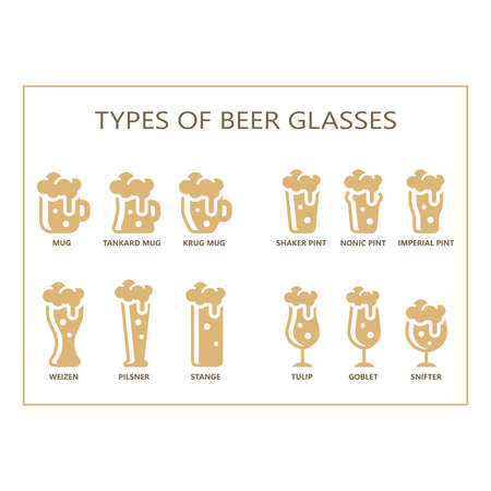 Beer glasses types guide vector. Mug, pint, glass vector icon set.のイラスト素材